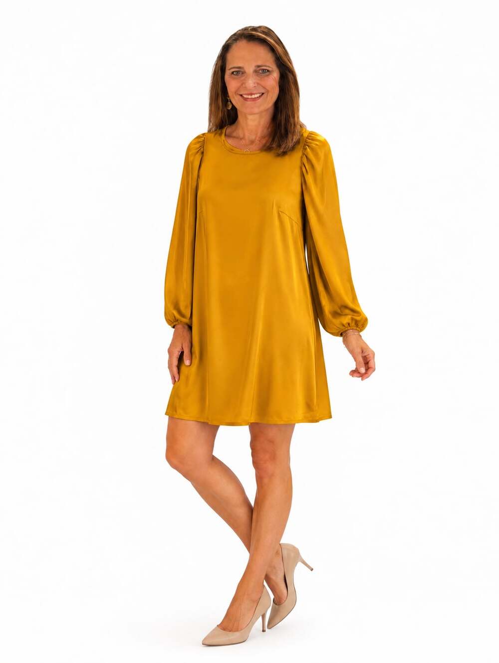 Forever 21 Mustard Yellow Puff Long Sleeve Satin Shift Mini Dress Size S